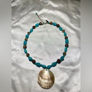 New York & Company Mother Of Pearl Shell Necklace Faux Turquoise Wood Beads